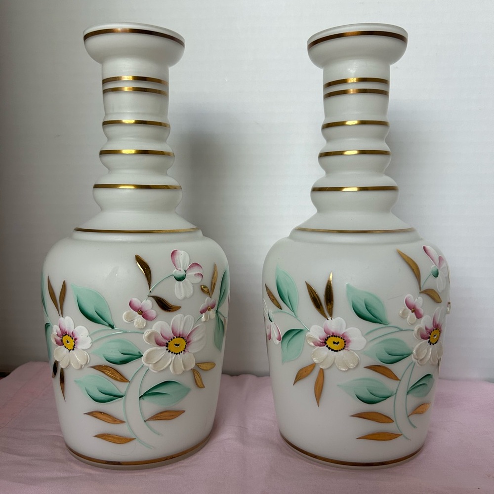 Set of 2 Vintage Hand Painted Floral Design Bristol Glass Vases